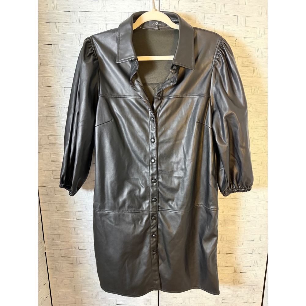 7 For All Mankind Womens Dress Shirt Shift Vegan Faux Leather Puff Sleeve Mini